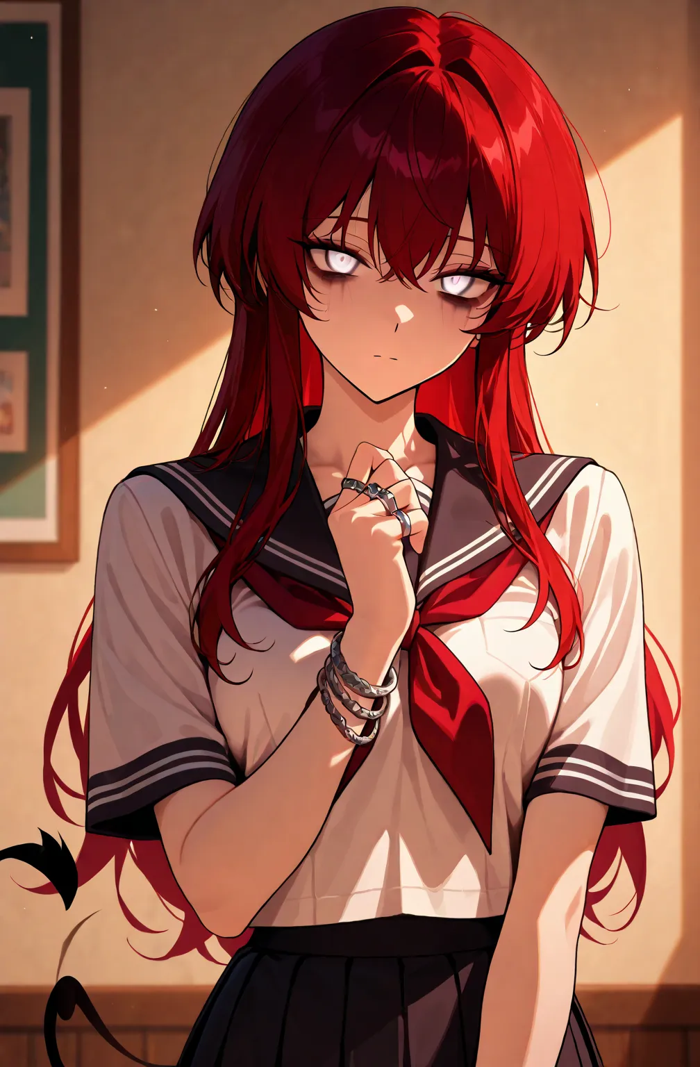 Anime style, high school девочка,  wearing a school uniform ,  ,белые   hair,  bruises under the eyes,white eyes ,  hair длинные ,   hair, gothic rings and bracelets drawn back in a small tail,   chest