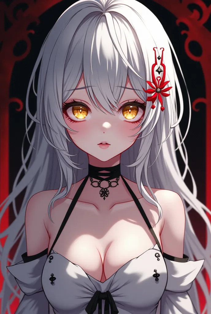 An anime ,  silver hair,  your eyes are golden, your skin is pale, chic white dress, black and red.
