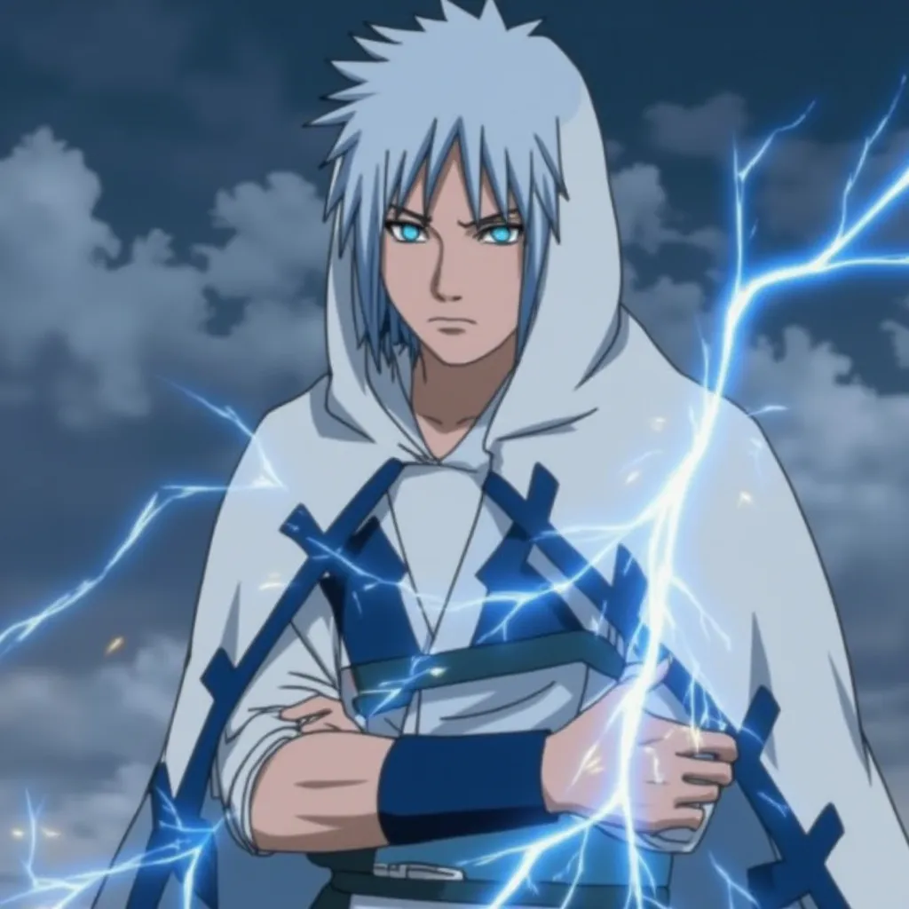 A young warrior with a determined posture, wrapped in a white cloak with dark blue details that resemble electrical discharges flowing through the fabric. His silver hair is slightly chilled,  as if they were channeling energy .  Her eyes sparkle with an i...