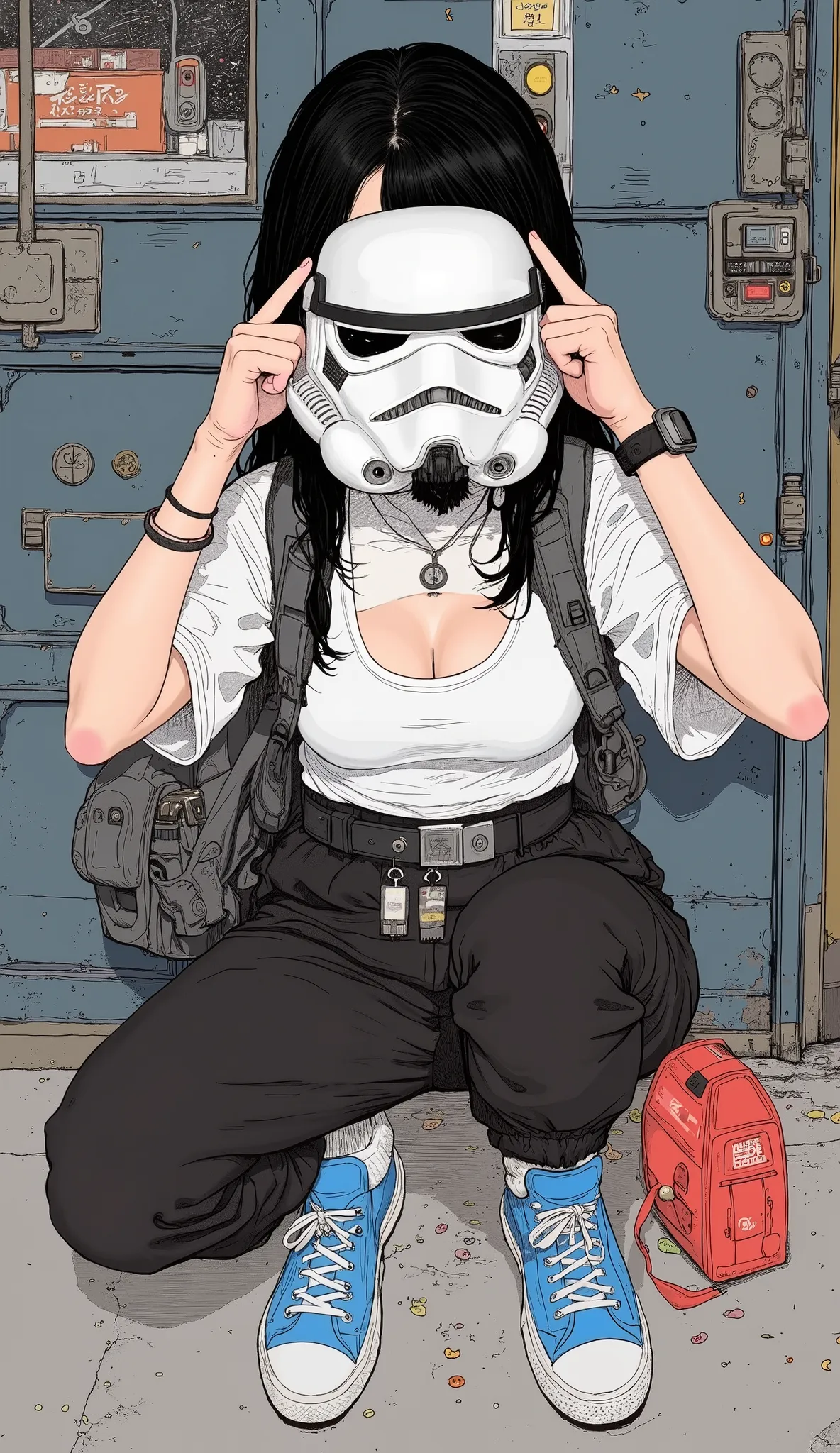 shot from above、live-action、Genuine、 A beautiful Japanese woman is crouching 、  black hair、 shortcut 、Short white t-shirt、 showing chest and belly button 、hot pants、 Blue high-top sneakers 、 She holds a stormtrooper helmet with both hands over her face、smi...