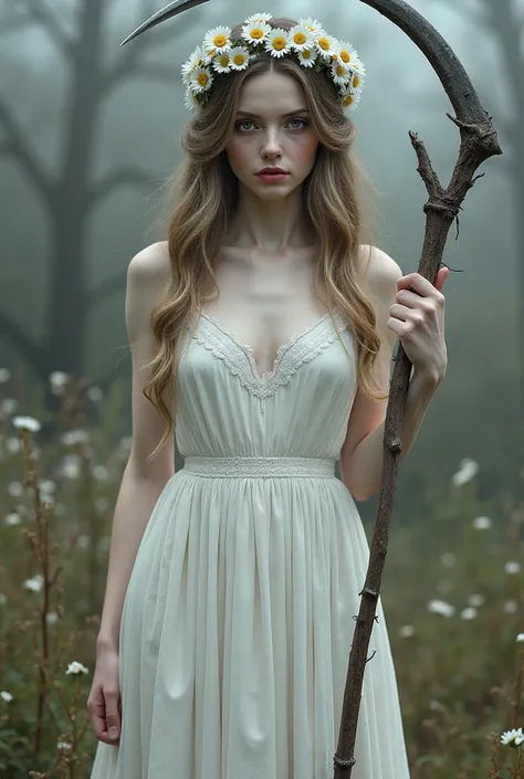 
A beautiful woman stands in full height facing the viewer. She has pale skin, piercing gray eyes, and a long white dress. A wreath of daisies on the head.
She holds a scythe in her hand. She is death.