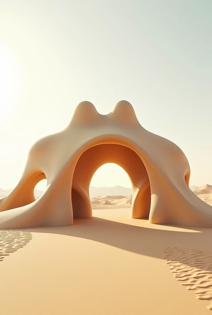 A futuristic architectural wonder shaped like a majestic camel, merging traditional desert resilience with cutting-edge biomimicry design. The structure mimics the camel’s distinctive silhouette, with a fluid, aerodynamic form that naturally provides shade...