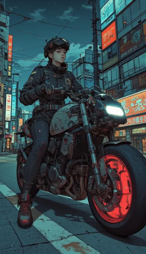  Surrealism  ,  artwork, 8K quality, Akira girl riding a motorcycle, Osaka Expressway at night, uniform, Nike sneakers、 anatomically accurate、