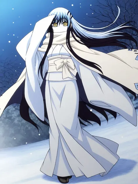  yuki onna, mask covered face, white and blue mask, black hair,  multicolored hair, long hair, medium breasts, white kimono, long skirt, long sleeves, sleeves past wrists, standing, sleeves past fingers , overly long sleeves, full body, wide open loose sle...