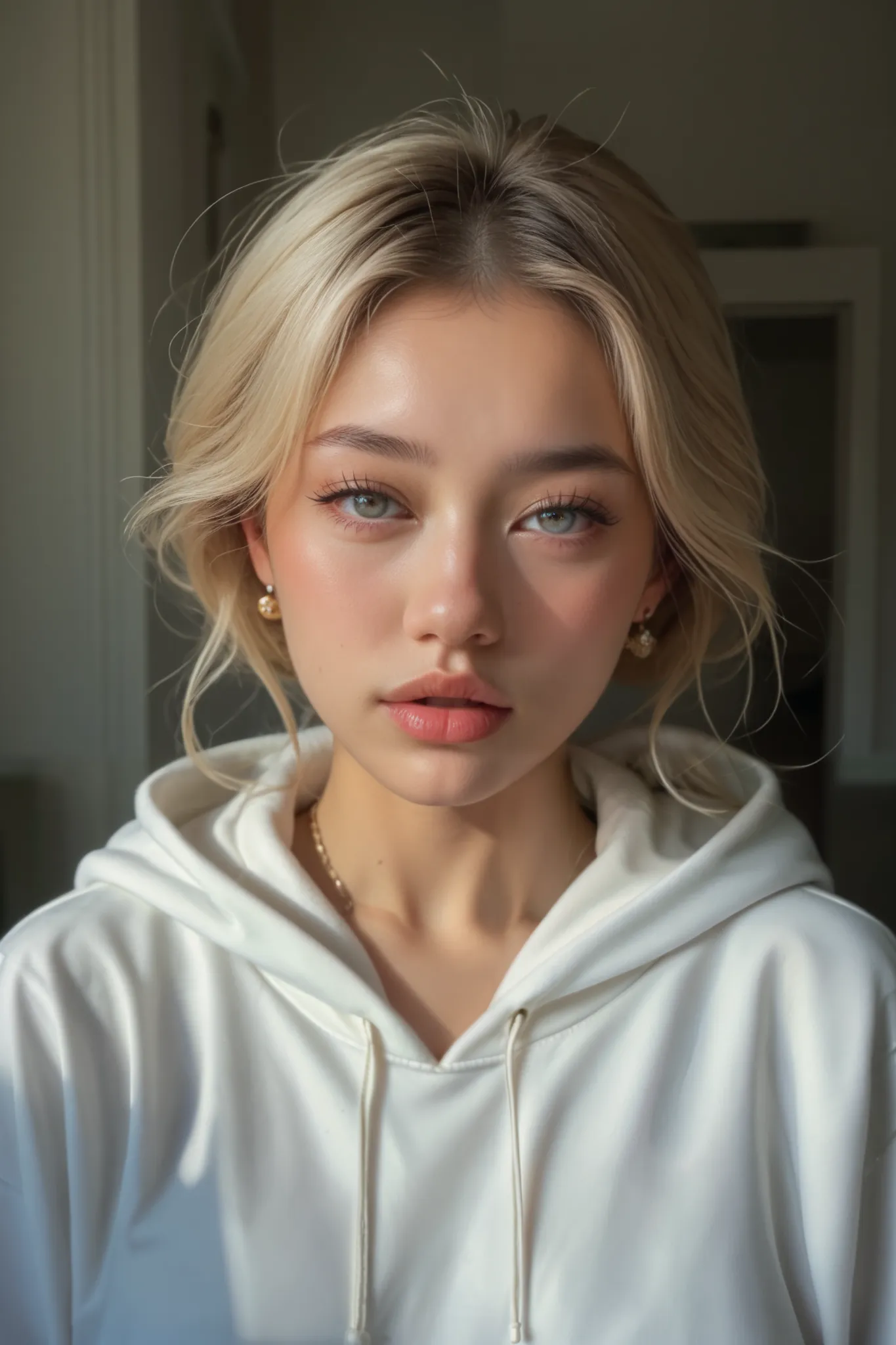  Super detailed image of a young Asian woman,  ethereal person with a pale , ,  which gently frames her tender face ,  giving her an angelic look .  Her expressive eyes are full of innocence and surprise ,  adding a sense of purity and softness to her imag...