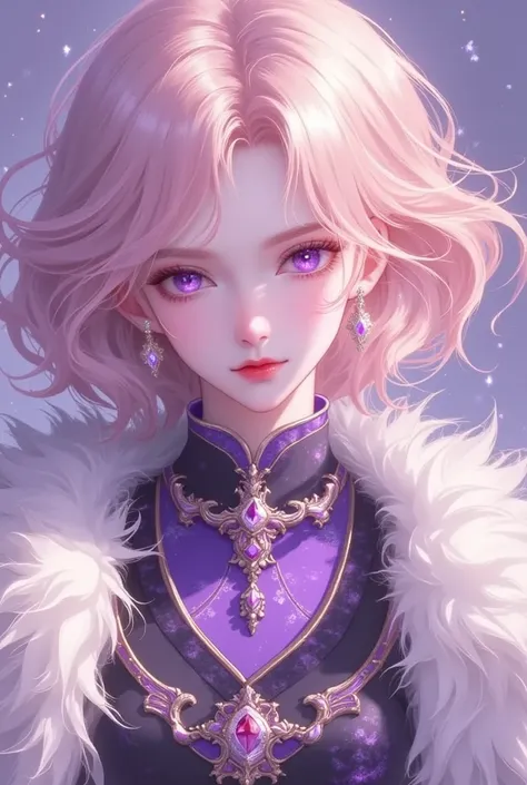 1 girl, short gold pink hair, purple eyes, wearing black and purple martial art clothes, absurdres, hightres, ultra sharp, 8k, masterpiece, looking at viewer, anime, face front towards viewer, fantasy background, no earrings