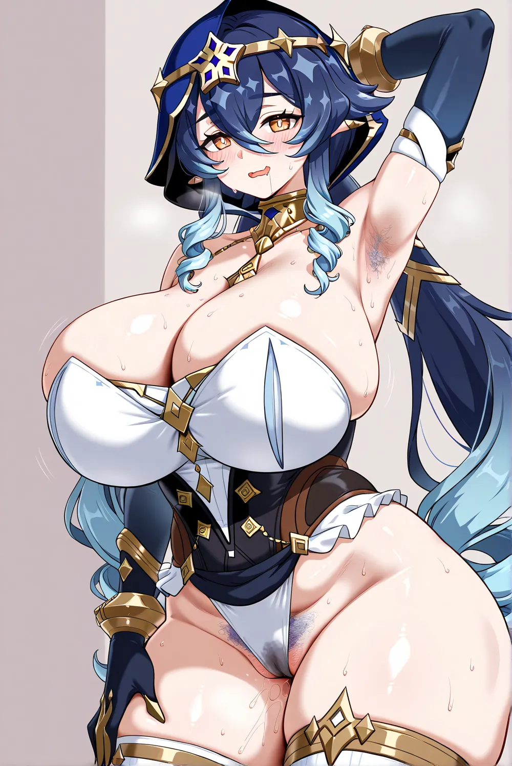 (Layla (genshin_impact)),(in heat,blush,wavy mouth,open mouth,smile,body sweat,),drooling,(gigantic huge busty,glamorous,plump,big hips,breasts together,tight breasts,covered breasts,),((Layla (genshin_impact) Costume)),(panties,corset,solo,elbow gloves,th...