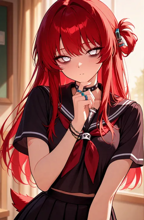 Anime style, high school девочка,  wearing a school uniform ,  ,белые   hair,  bruises under the eyes,white eyes ,  hair длинные ,   hair, gothic rings and bracelets drawn back in a small tail,   chest