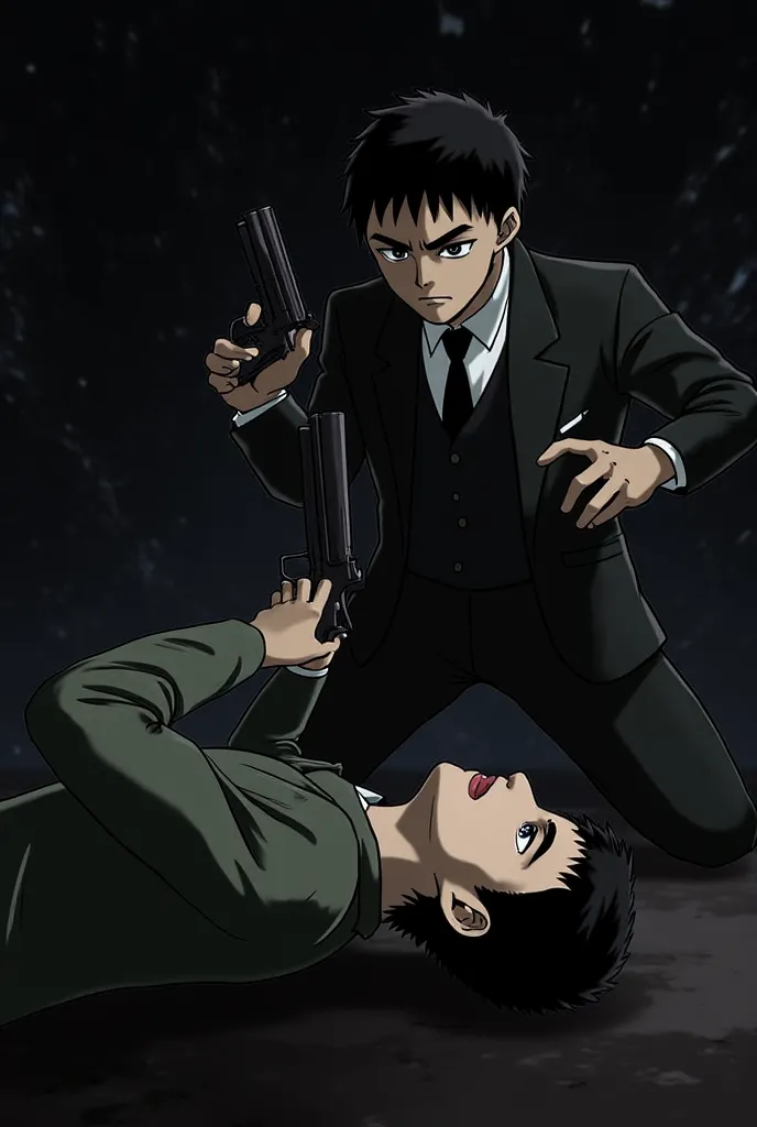 A man with a gun in his hand is angry and another man on the ground is killed. Anime has a black and complex background 