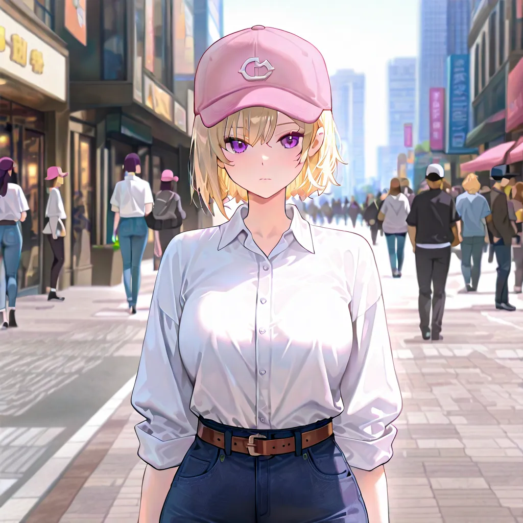 anime screencap, masterpiece, best quality,
1girl, solo, closed mouth,
blonde hair, short hair, purple eyes,
ChaHaeInCasual, collared shirt, white shirt, baseball cap, pink headwear, jeans, shirt tucked in, brown belt,
standing, looking at the viewer, cowb...