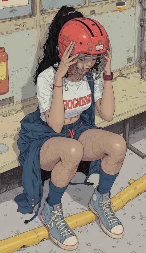 shot from above、live-action、Genuine、 A beautiful Japanese woman is crouching 、  black hair、 shortcut 、Short white t-shirt、 showing chest and belly button 、hot pants、 Blue high-top sneakers 、 She has an American football helmet over her face and holds it wi...