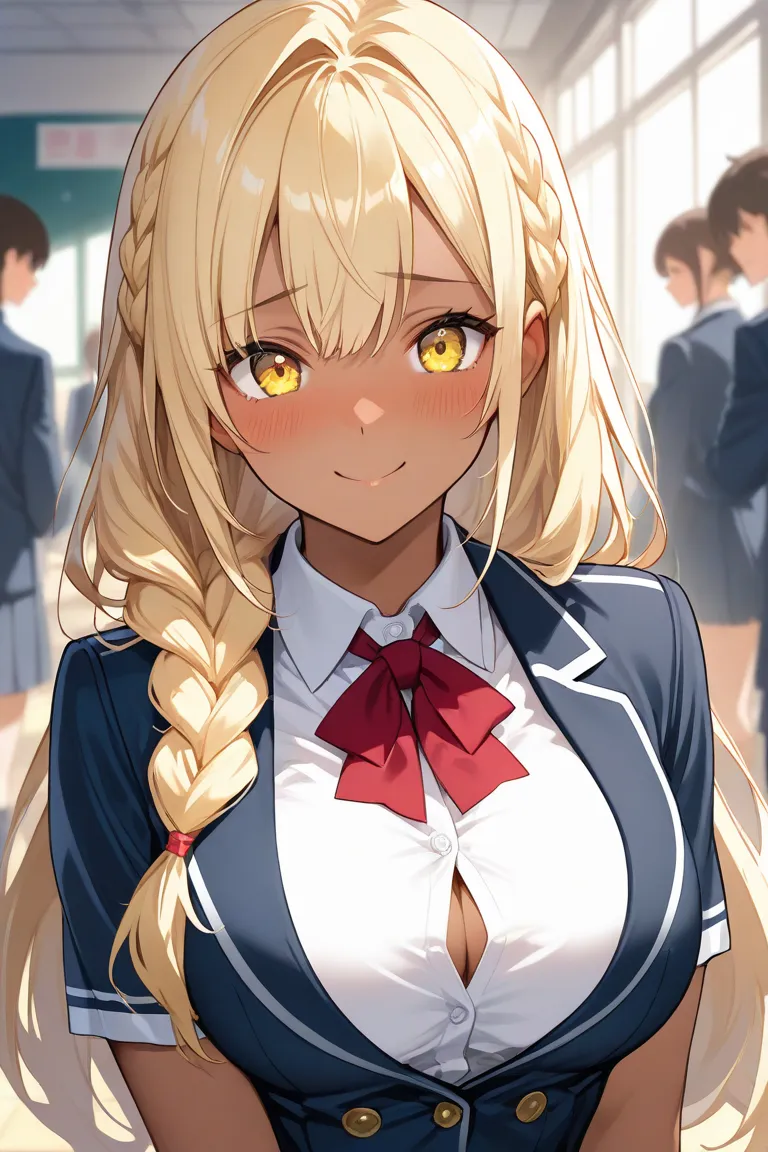 dark skin girl,blond long hair,yellow eyes,school, uniform,upper body bust shot, smile,shy,  braid