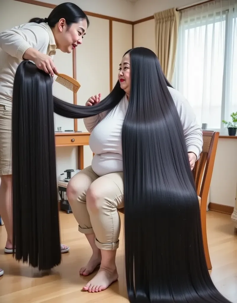 8k,highest quality, masterpiece,  Ultra High Resolution ,(masterpiece:1.6, highest quality), complicated details, ((1female and male)),((A young man is brushing the incredibly long black hair of a mature woman sitting in a chair with a wooden comb..:1.5)),...