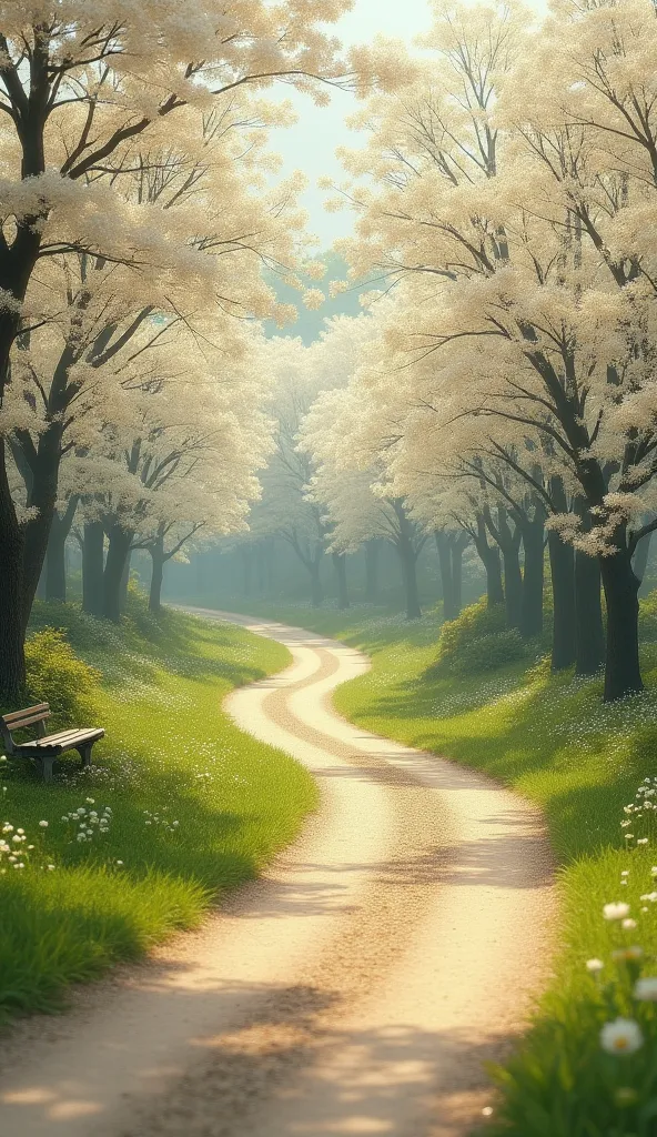 A charming landscape depicting a winding road through a forest or park filled with dense white flowering trees, perhaps cherry blossoms or another type of spring flowering tree, creating a picturesque spring atmosphere. The road is covered with slightly da...