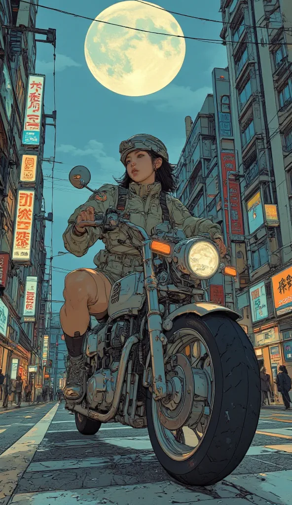  Surrealism  ,  artwork, 8K quality, Akira girl riding a motorcycle, The moonlit city of Osaka, uniform, Nike sneakers、 anatomically accurate、