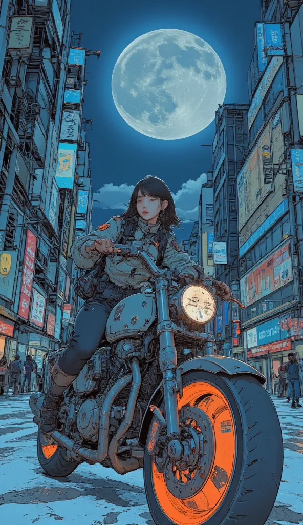  Surrealism  ,  artwork, 8K quality, Akira girl riding a motorcycle, The moonlit city of Osaka, uniform, Nike sneakers、 anatomically accurate、