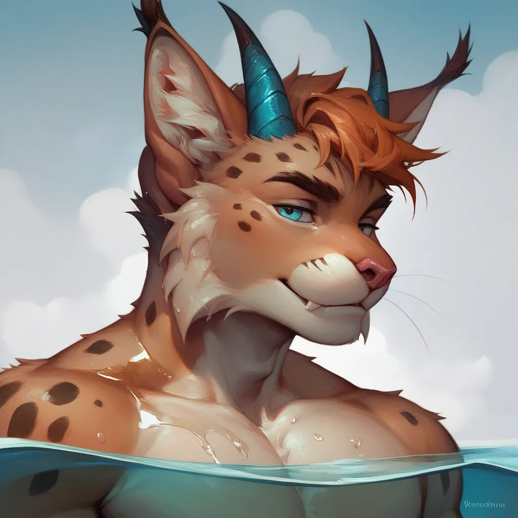 ((portrait))furry art, an anthropomorphic male white lynx with big ibex horns, half of his head submerged underwater, nostalgic look, ((oil painting)), 