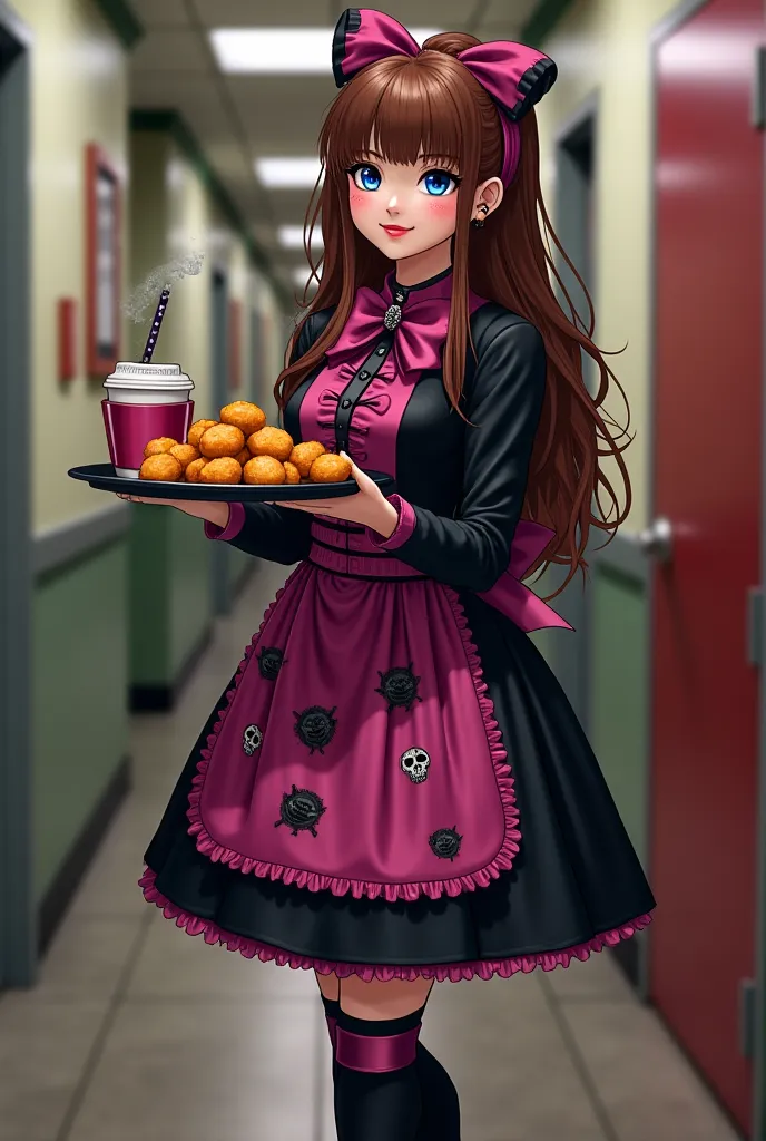 a brown haired blue eyed gothic woman wearing a black and pink gothic shirt and skirt with skulls bows and ghosts. long black socks carrying a tray with a ice coffee dinosaur shaped chicken nuggets standing in a hallway waiting at the door smiling