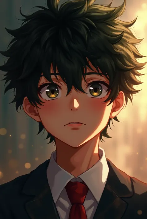 izuku midoriya hypnotized,  Realistic portrait, mesmerized look, detailed face,  dreamy expression,  messy hair , school uniform,  blurred background, dramatic lighting, warm tones, oil painting, thick brushstrokes, impressionist painting,  extremely detai...