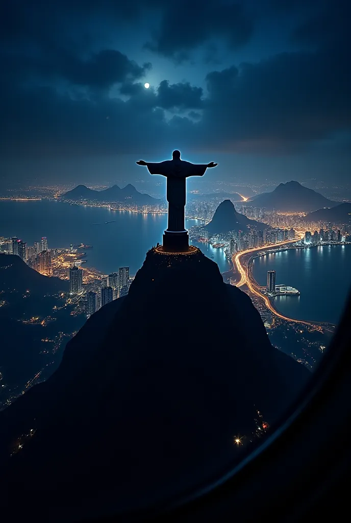 Airplane window at night with a view of Rio de Janeiro with the statue of Christ the Redeemer as realistic and detailed and improved as possible 