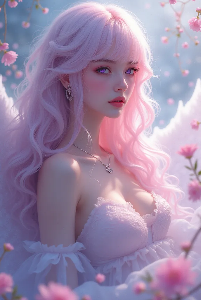 Rangrarii artstyle ,  woman with long hair, wavy with pale pink bangs, purple eyes, of angelic and ethereal beauty