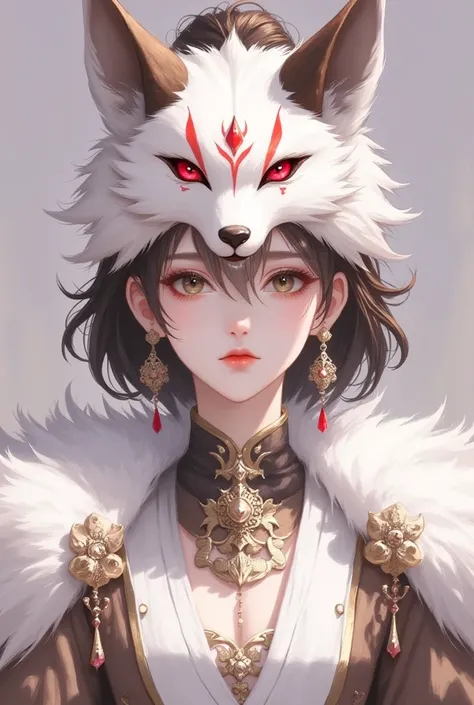 1 girl, dark brown hair in ponytail, brown eyes, wearing brown and black martial arts style clothes, white and red kitsune mask on hair, absurdres, hightres, ultra sharp, 8k, masterpiece, looking at viewer, anime, face front towards viewer, fantasy backgro...