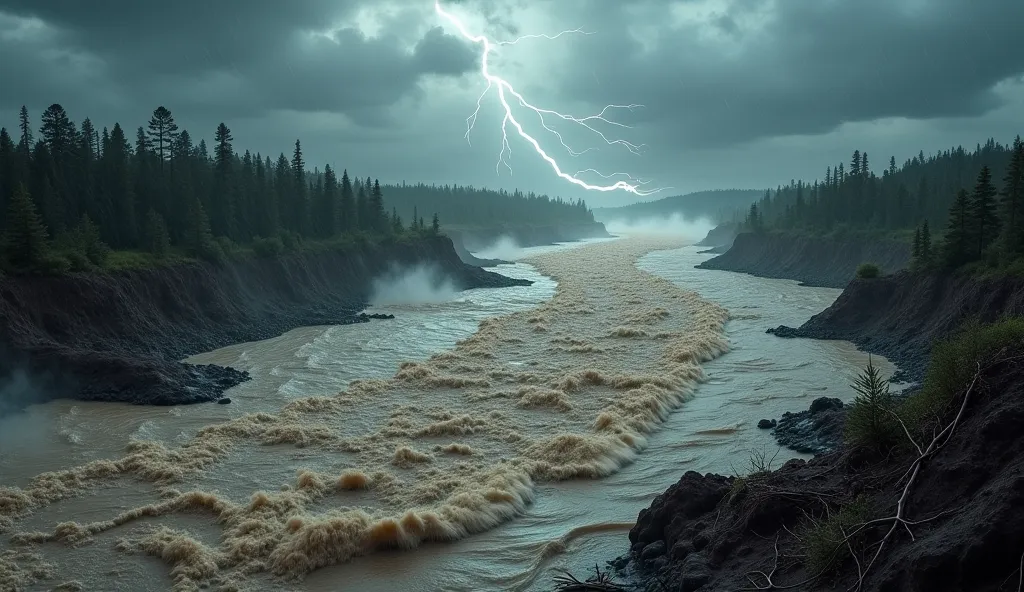 A massive, raging river surges through the storm, its dark, churning waters crashing violently against the eroded banks. The relentless downpour fuels the flood, making the current even stronger, an unstoppable force of nature devouring everything in its p...