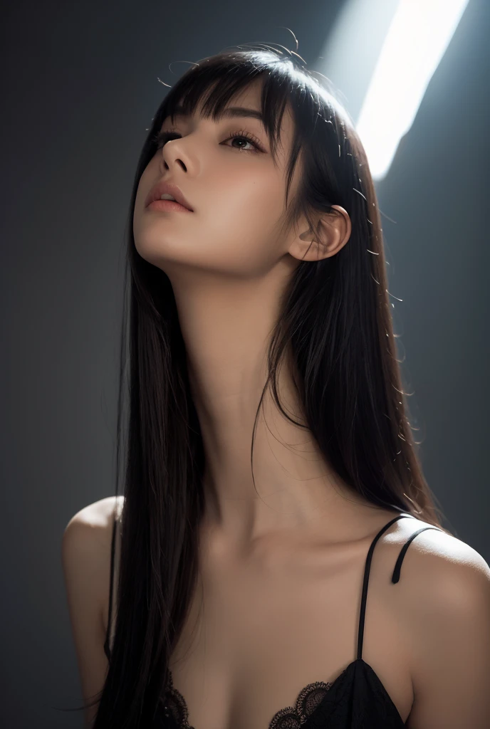 A stylized image depicting a female figure in an ethereal and alluring manner. Her face is slightly blurred and tilted backward, as if she is leaning and looking upward, dramatically illuminated by diffused lights. She has long black hair and a well-define...