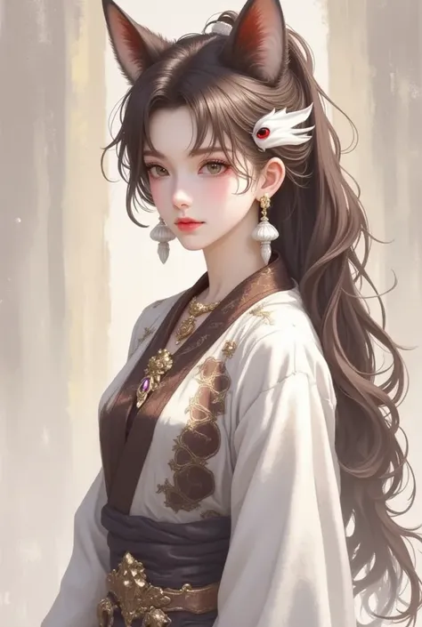 1 girl, dark brown hair in ponytail, brown eyes, wearing brown and black martial arts style clothes, white and red kitsune mask on hair, absurdres, hightres, ultra sharp, 8k, masterpiece, looking at viewer, anime, face front towards viewer, fantasy backgro...