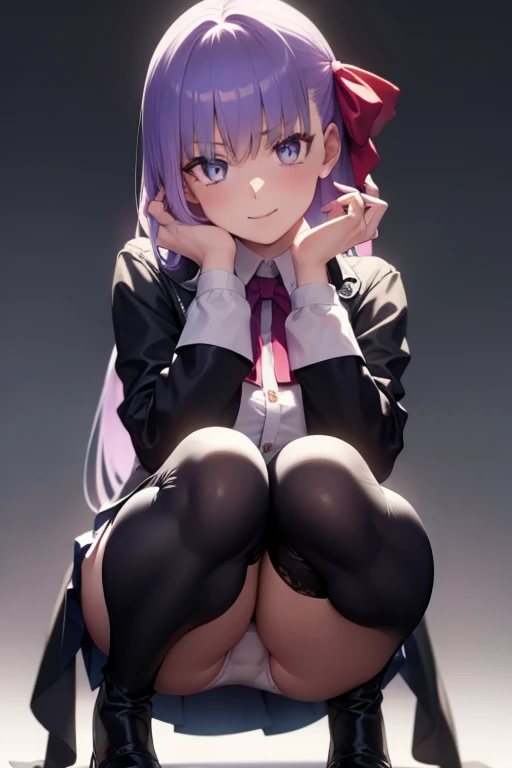 Hugo, nffsw, Purple hair, Long hair, bangs, (Purple eyes:1.1), (medium breasts⁩:1.2),Blake Black Jacket, (black thighhighs:1.3),Black skirt, Collared shirt, Hair Ribbon, high waist skirt, Jacket, Long sleeves, Neck ribbon, Open your clothes, Open jacket, P...