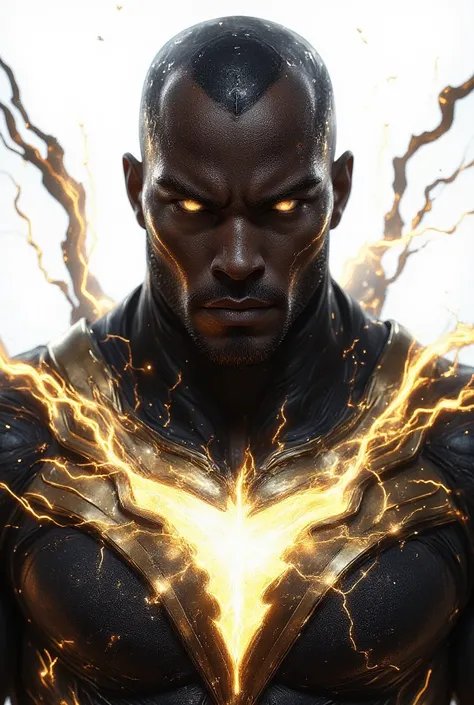 A hyper-realistic and intimidating portrait of Black Adam, the ancient antihero empowered by the gods. Close-up staring in an intense way, exuding divine rage and dominance. He is muscular and statuesque, wearing his black and gold suit with the glowing li...