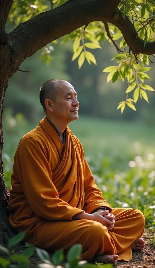 The monk is sitting under a tree, deeply meditating.  Your face conveys serenity , and a faint smile forms on his lips. The wind gently rocks the leaves around him, creating an atmosphere of total harmony with nature.