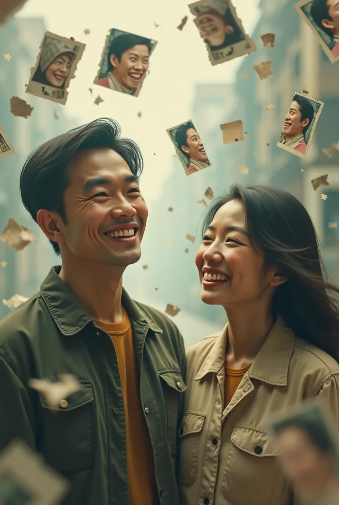 Fragments of torn apart photos in slow motion fly through the air（Interspersed with images of two smiling Chinese men and women） Conflicts break out