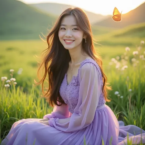  A beautiful Korean woman smiling with long hair unraveled in the grass calmly ,sitting posing in a green meadow, wearing a long purple dress with lace and floral details .  The background features sunlit hills ,  creating a serene and beautiful scene, the...