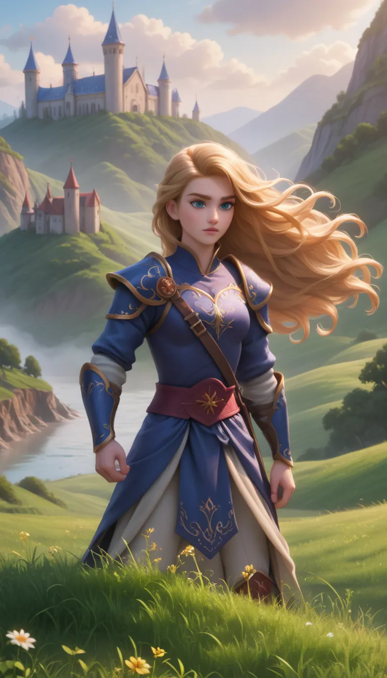 "A fallen female elven knight with long, flowing golden hair lies on a grassy hillside, clad in dark blue armor. Her body is pierced by multiple red-feathered arrows, and blood pools around her, trailing into a small winding river below. Despite her injuri...