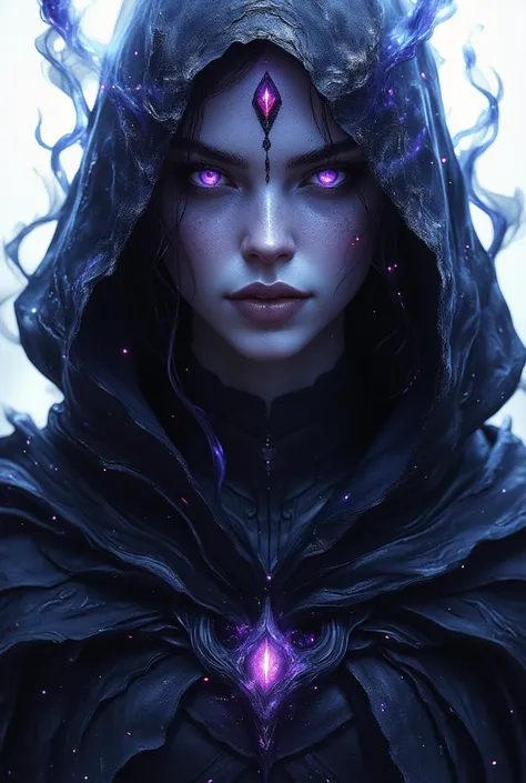 A hyper-realistic and mysterious portrait of Raven, the dark sorceress of the  Titans. Close-up staring in an enigmatic way, exuding an aura of immense power and deep emotion. She is clad in her signature dark blue cloak with the hood partially covering he...