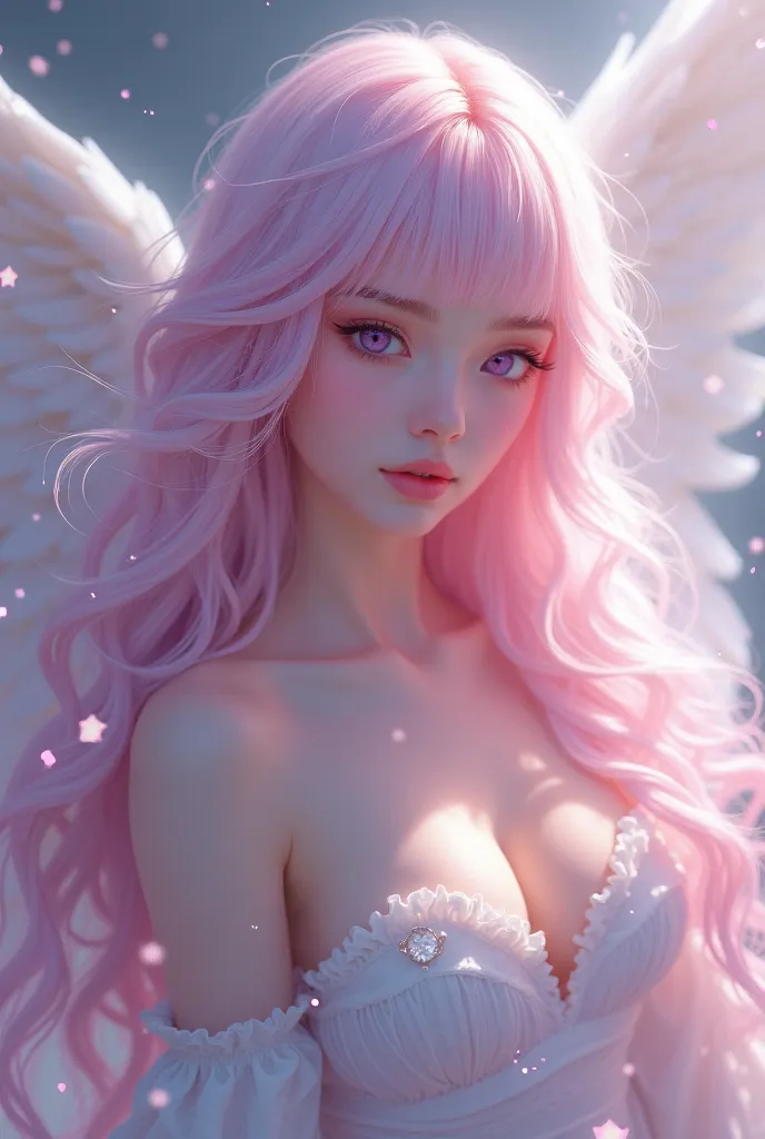 Rangrarii artstyle ,  woman with long hair, wavy with pale pink bangs, purple eyes, of angelic and ethereal beauty