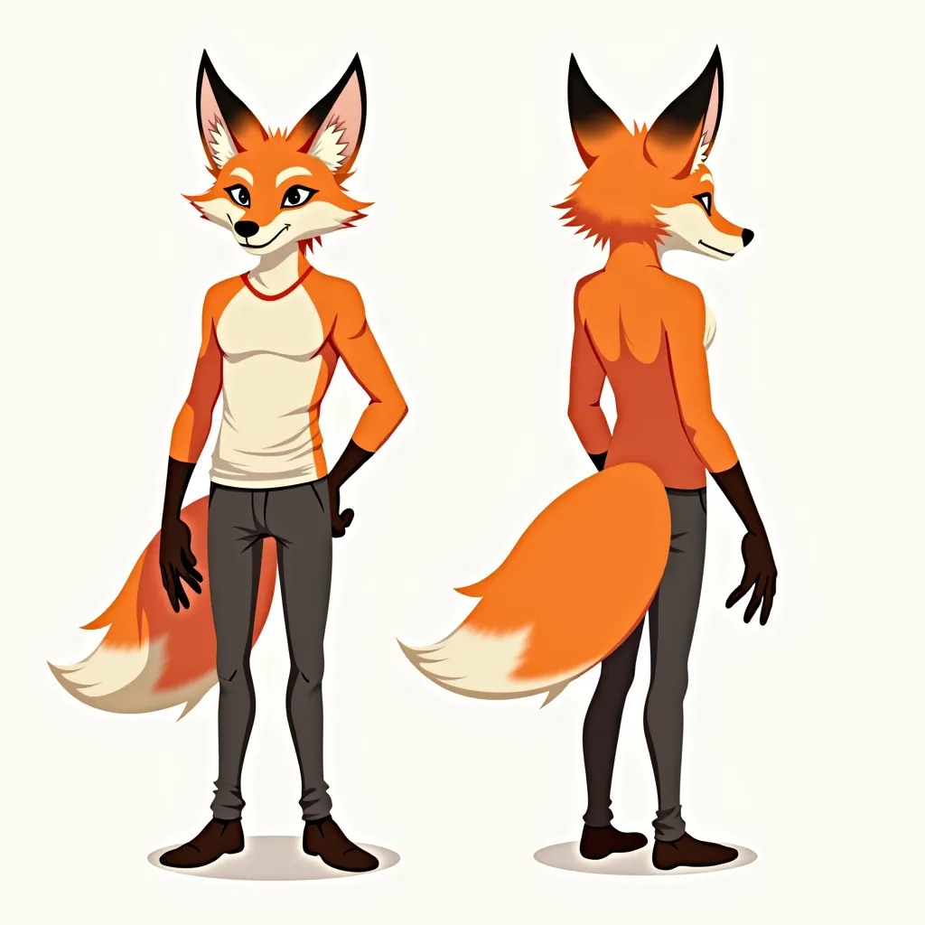 male, adult, handsome, body of a fox-human like with the head of a fox, refsheet front pose and back pose in digital art cartoon anime style, flat colors only.