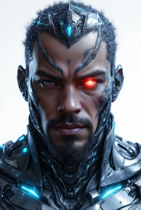 A hyper-realistic and powerful portrait of Cyborg, the cybernetic hero of the  Titans. Close-up staring in an intense and focused way, exuding unshakable determination and technological supremacy. His muscular body is partially covered in sleek, silver cyb...