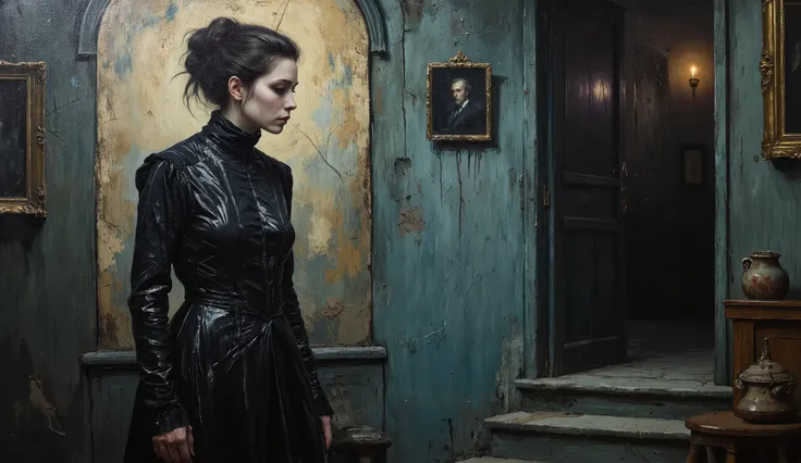 A Gothic Impressionist figure with a surrealist twist, inspired by the styles of Arthur Rackham, Van Gogh, Bosch, Mucha, Caravaggio, and Kandinsky, stands in a dimly lit room with broad, dramatic lighting. The atmosphere is heavy with mystery and emotional...