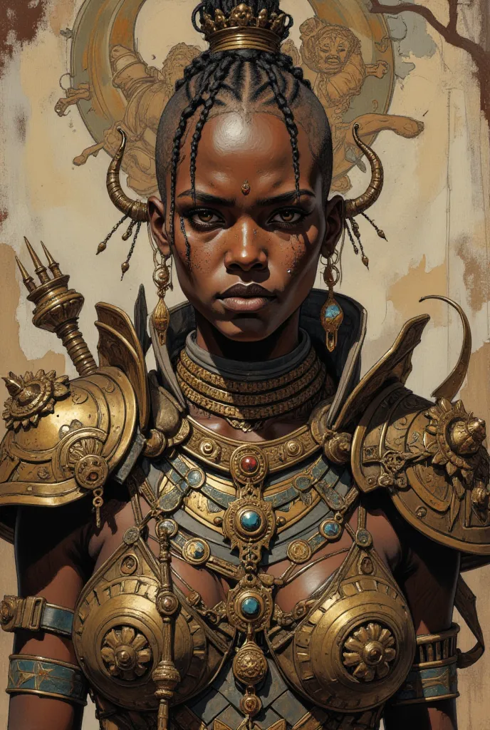 Sexy black african warrior girl, arabian tribal armor, intricate details, beautiful face, ((african black girl)), (((shaved hair except for a braid))), ((no hairs)), ((dark skin)), ((braids)), ((lot of jewelry)), piercings 