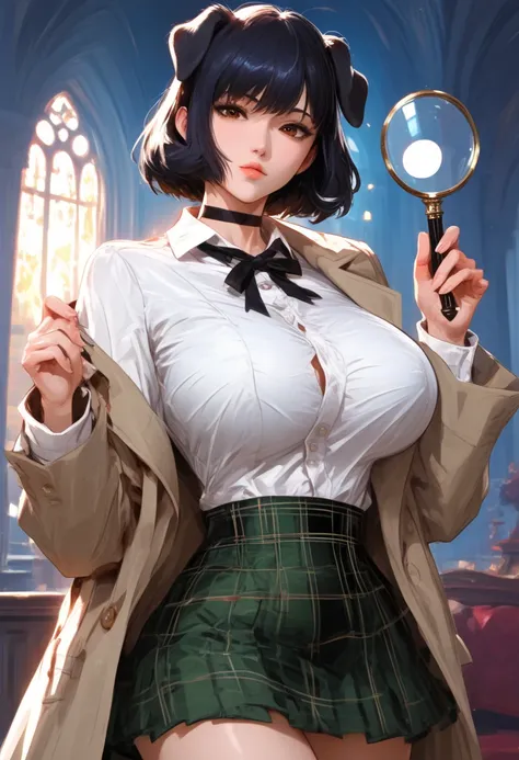 masterpiece, source_ Hentai, better quality, incredible quality, very aesthetic, high resolution, breasts, Lighting,  colored, absurdities, younger,Dog Detective, expressive eyes, upper body, detailed face, pretty face, legs,  A Girl, short hair,  dark hai...