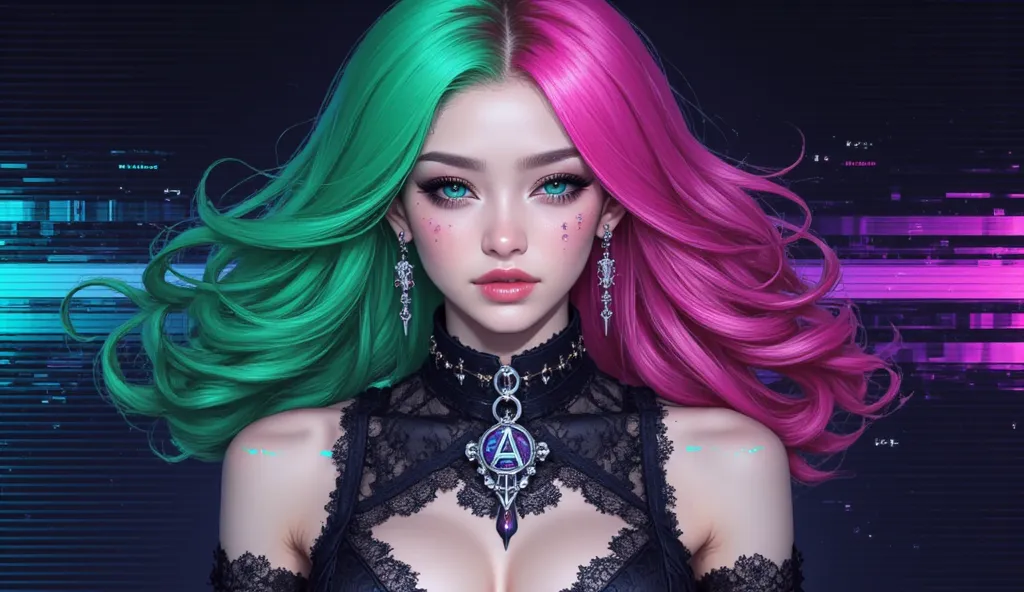 (8k resolution, best quality, ultra-detailed:1.3), (symmetrical hair split:1.2),  
[SeaArt Infinity], [MoriMee Gothic Niji Style:0.7], [Gothic Lace Weaver LoRA:0.6], [Cyber Glitch Enhancer LoRA:0.4],  
Character Design:  
- **Hair:** Left side (vivid emera...