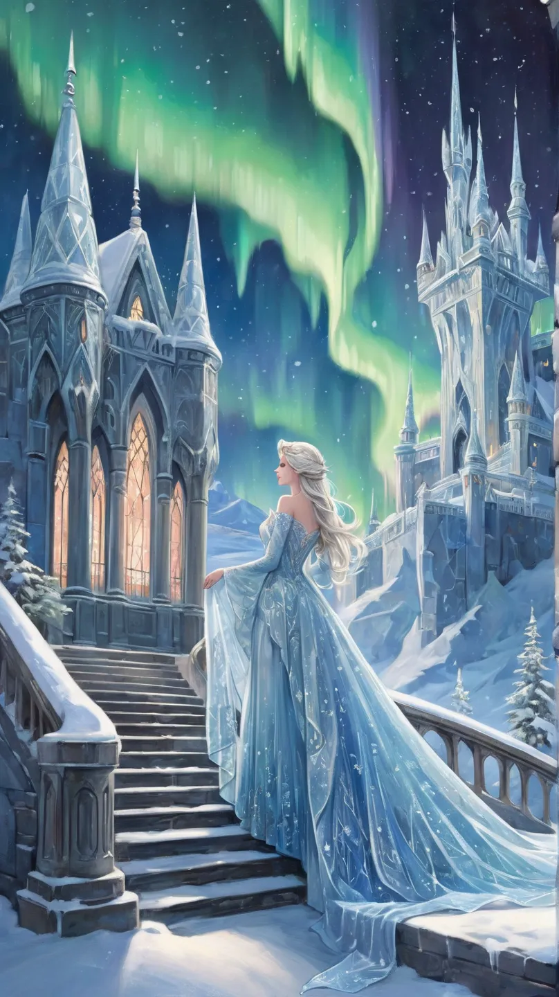 A breathtaking ice palace shimmering under the northern lights, with towering crystalline spires and intricate frost patterns on the walls. The Ice Queen, dressed in a flowing gown of silver and blue, stands at the top of a grand staircase, gazing into the...