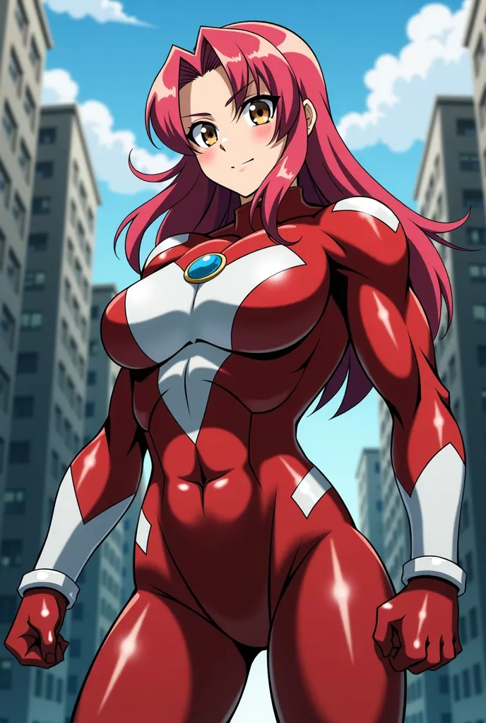   My Hero Academia style  ,  Anime Girl,woman,筋肉質なwoman, 若いwoman , full body shot ,(Battle Pose:2),long hair, red hair,  brown eyes, Hero Suit,  full body suit,  red suit with white details,small round blue jewel in the center of the chest, Completely-Wide...