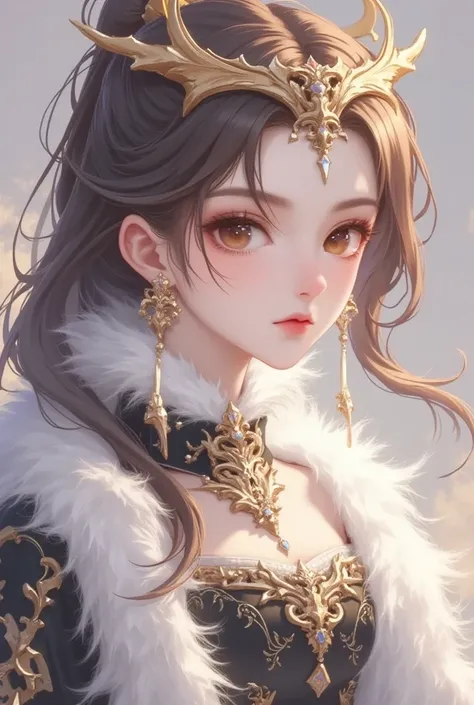 1 girl, dark brown hair in ponytail, amber eyes, wearing gold circlet on head, wearing black and silver martial arts style clothes, absurdres, hightres, ultra sharp, 8k, masterpiece, looking at viewer, anime, face front towards viewer, fantasy background, ...