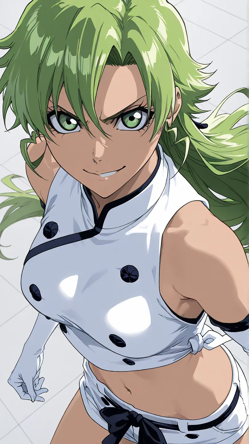 candice,bleach
High quality ,  best quality , masterpiece,  High Resolution , detailed face( LoRA: candice),anatomically correct, detailed hair Style( LoRA: candice),anime Coloring
solo, 1 girl,cool
, long hair, green hair, green eyes,
, white crop top, sl...