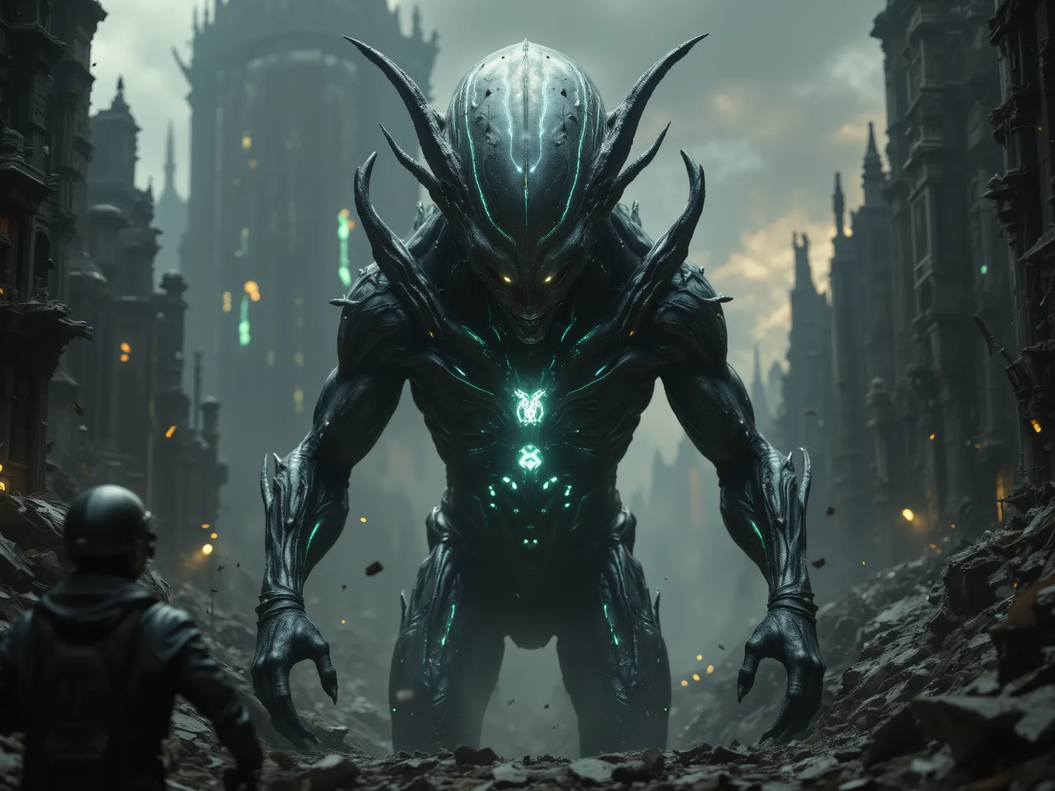 A terrifying alien species capable of eradicating humanity. The creature is a towering, humanoid yet otherworldly being with a sleek, biomechanical body, covered in dark metallic armor with glowing energy veins. Its face is expressionless, lacking any inse...