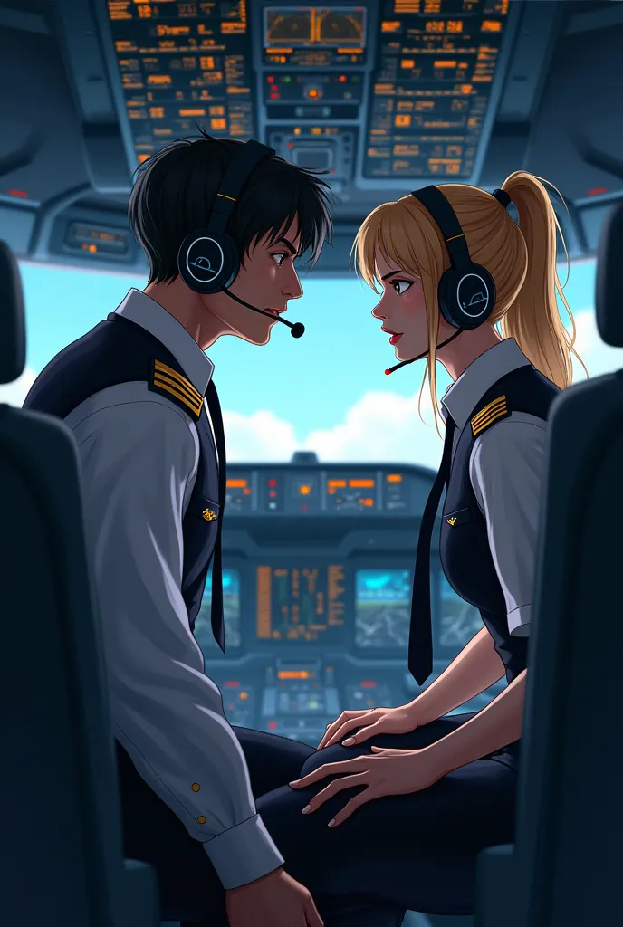 Male pilot and female co-pilot in front with headphones, preocupados, Talking in the control room 