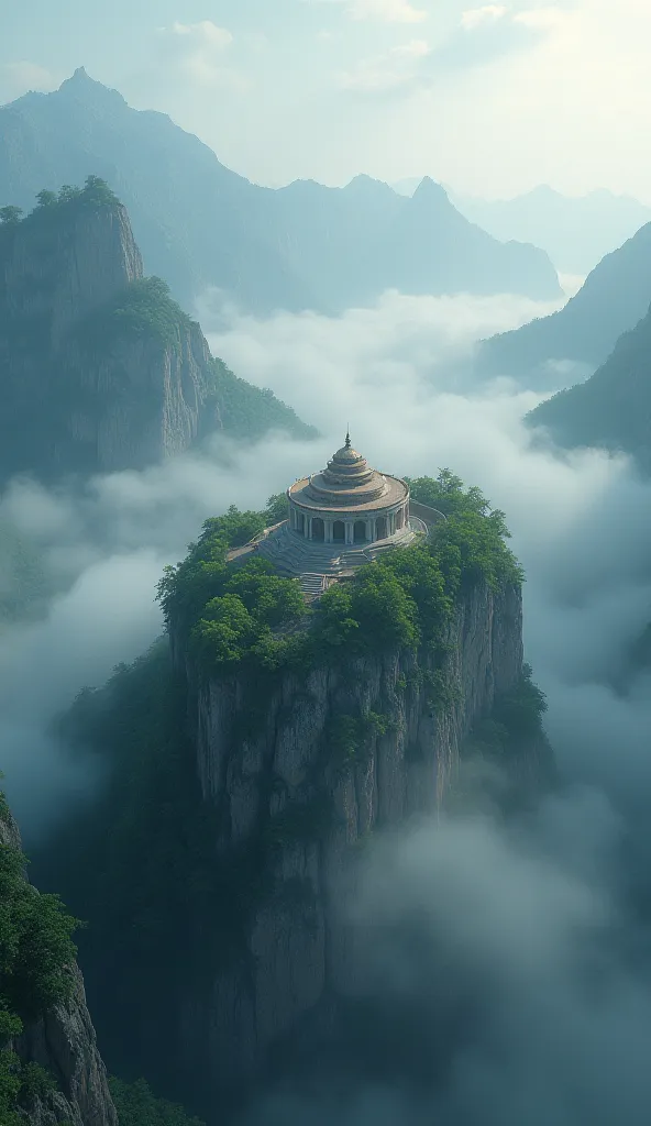 An aerial scene of the temple high in the mountains, surrounded by light fog. The narration suggests that the journey of self-knowledge never ends, but that every step towards inner peace is worth.